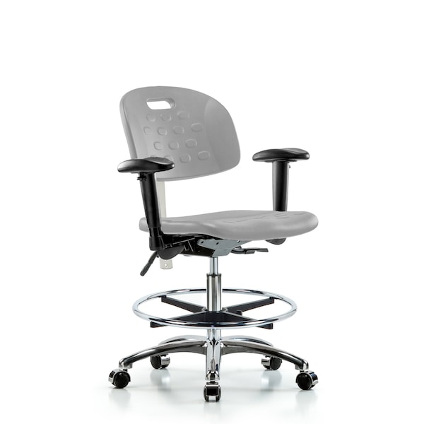 Blue Ridge Ergonomics CL100CleanRoom Chair-Medium Bench Height with Adj Arms, Chrome Foot Ring, & Casters in Gray Poly CLR-HPMBCH-CR-T0-A1-CF-CC-GRY - main