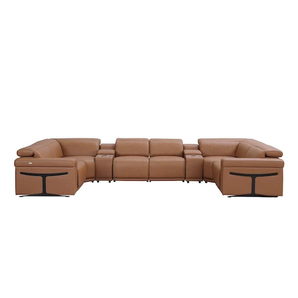 Homeroots Chestnut Italian Leather Power Reclining U Shaped Eight Piece Corner Sectional With Console 634678 - main