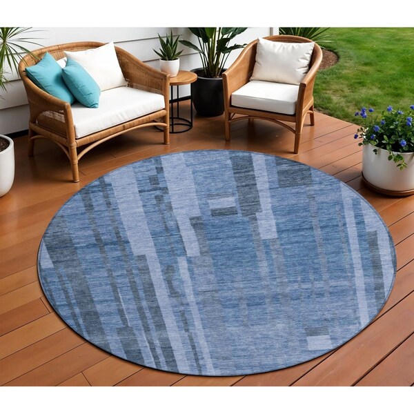 Homeroots 8' Navy Blue And Gray Round Striped Washable Indoor Outdoor Area Rug 602793 - main