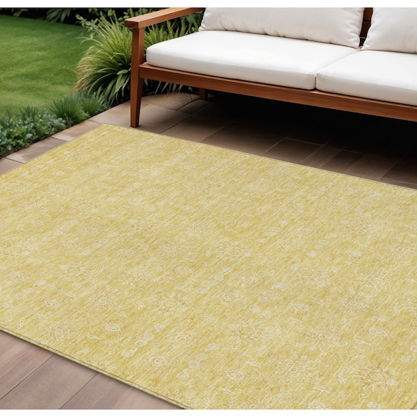 Homeroots 8' X 10' Yellow Gold And Ivory Floral Washable Indoor Outdoor Area Rug 582353 - main
