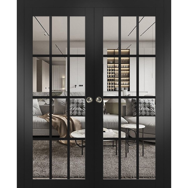 Sartodoors Sliding French Double Pocket Doors, Felicia 3355 Matte Black with Clear Glass, Kit Trims Rail Hard FELICIA3355DP-BLK-48 - main