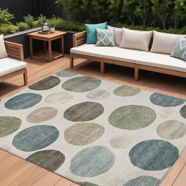 Homeroots 8' X 10' Ivory Fern Green And Teal Blue Geometric Washable Indoor Outdoor Area Rug 630576 - main