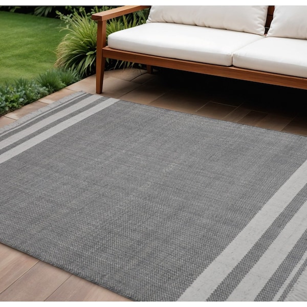 Homeroots 8' X 10' Dark Gray Striped Handmade Indoor Outdoor Area Rug 533579 - main