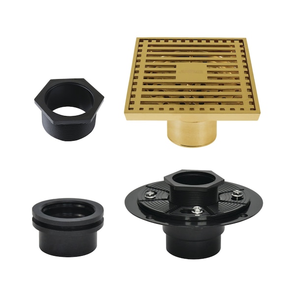 Kingston Brass 4" Brass Square Grid Shower Drain with Hair Strainer and Base Flange, Brushed Brass BSFK4464BB - main