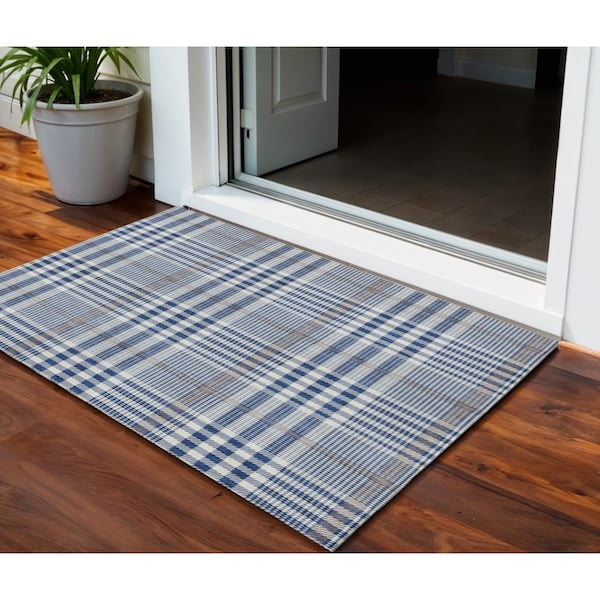 Homeroots 3' X 5' Navy Blue Ivory And Brown Plaid Washable Indoor Outdoor Area Rug 601488 - main