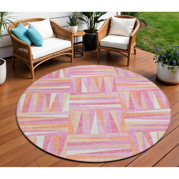Homeroots 8' Blush Ivory And Orange Round Geometric Washable Indoor Outdoor Area Rug 598246 - main