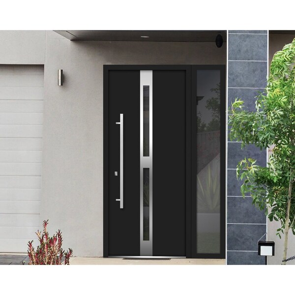 Vdomdoors Steel Door Deux 1755 Black Enamel Sidelight Exterior Window Stainless Inserts Single Modern Painted DEUX1755EXD-BLK-W36+14 x H80-Right-hand Inswing - main