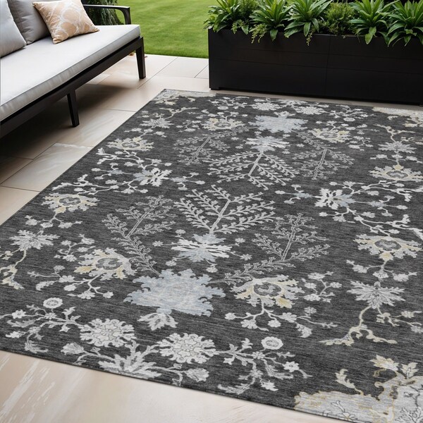 Homeroots 5' X 8' Charcoal Gray And Beige Floral Washable Indoor Outdoor Area Rug 605462 - main