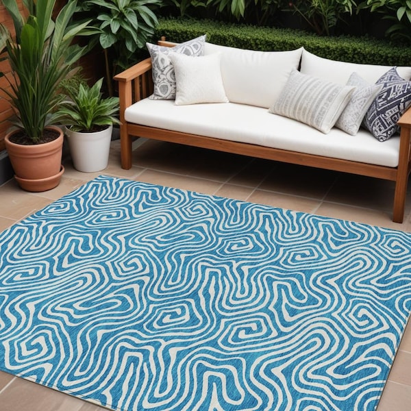 Homeroots 10' X 14' Teal Blue And Ivory Abstract Washable Indoor Outdoor Area Rug 599765 - main