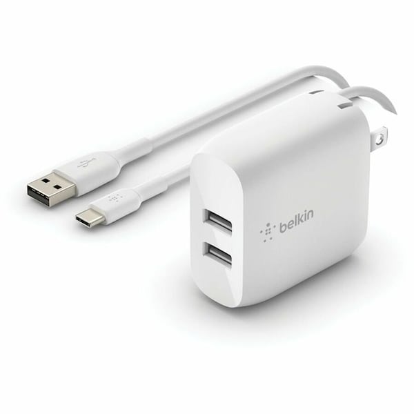 Belkin Dual Port Usb A 24w Wall Charger With Usb A To Usb C Cable 3ft, White WCE001DQ1MWH - main