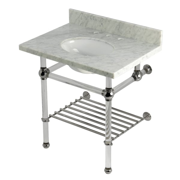 Kingston Brass 30-Inch Carrara Marble Console Sink with Acrylic Legs and Shelf, 8-Inch, 3-Hole KVPB3030MAB6 - main
