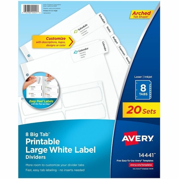 Avery reg Big Tab Printable Large White Dividers with Easy Peel, 8 Tabs, White, 20PK AVE14441 - main