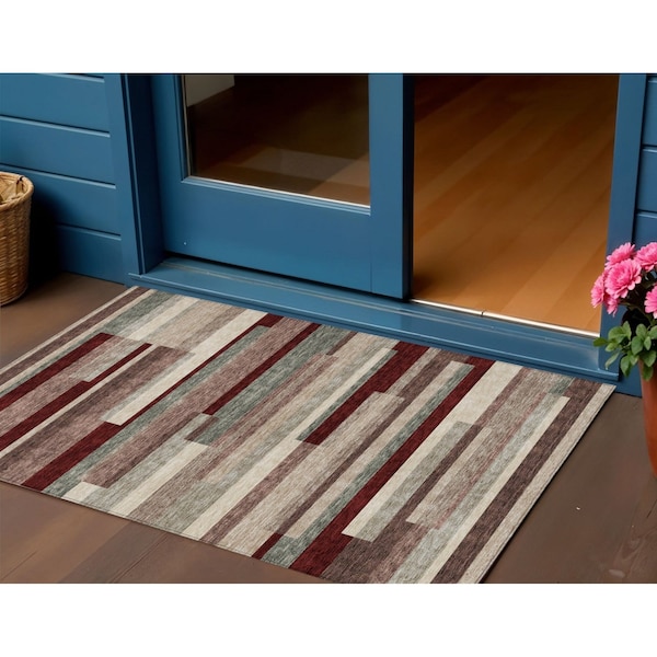 Homeroots 3' X 5' Merlot Burgundy And Beige Striped Washable Indoor Outdoor Area Rug 613296 - main