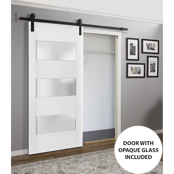 Sartodoors Sturdy Barn Door 24 x 84 inches Frosted Glass 3 Lites, Lucia 4070 White Silk, 6.6FT Rail Hangers He LUCIA4070BD-B-WS-2484 - main