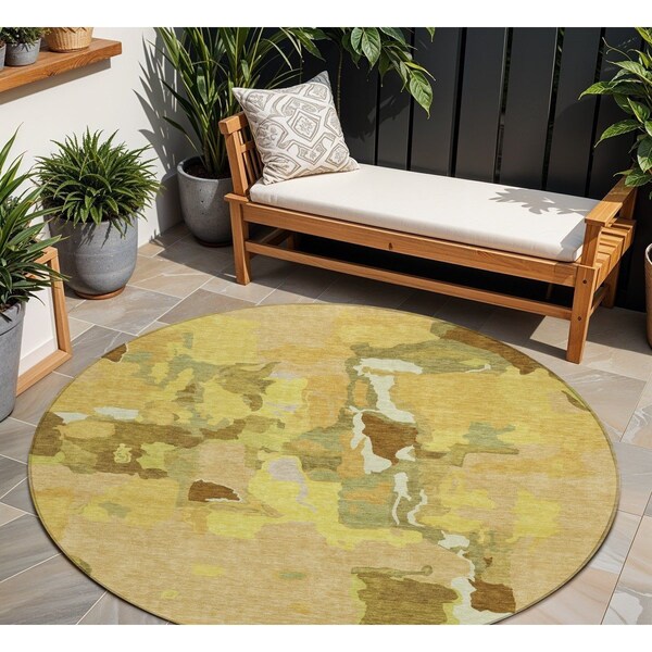 Homeroots 8' Gold Brown And Green Round Abstract Washable Indoor Outdoor Area Rug 599570 - main