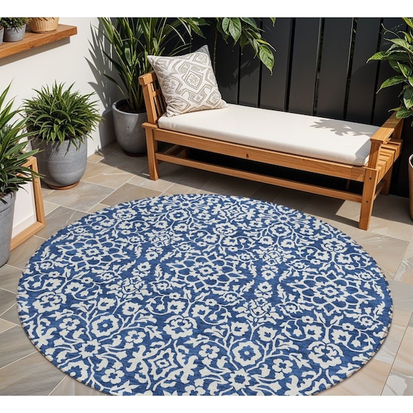 Homeroots 8' Navy Blue And Ivory Round Damask Washable Indoor Outdoor Area Rug 595171 - main