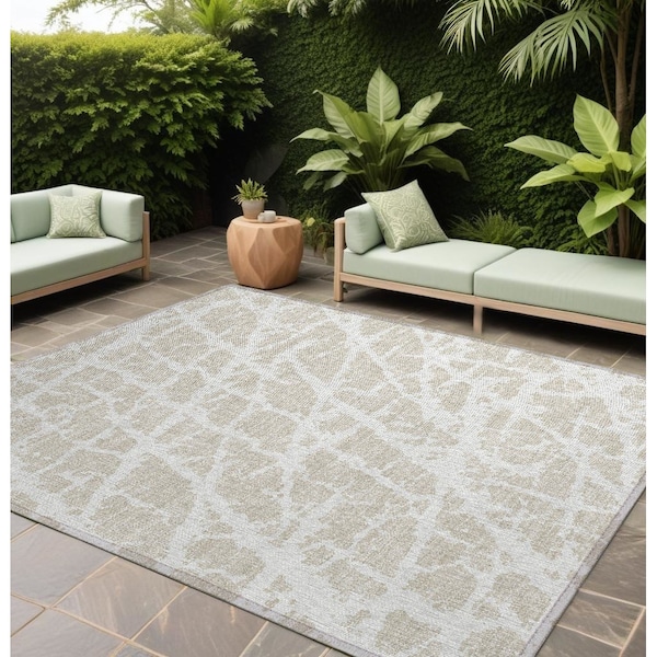 Homeroots 8' X 10' Beige and Ivory Abstract Washable Non Skid Indoor Outdoor Area Rug 559232 - main