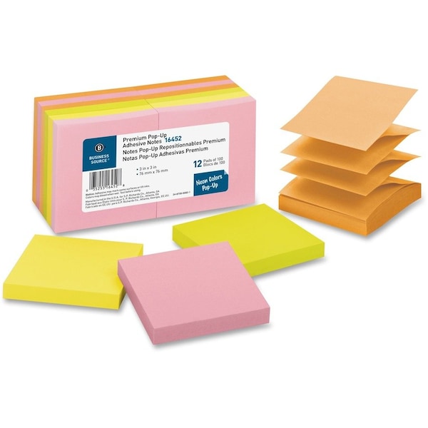 Business Source NOTES, POPUP, 3X3, 12PK, NEON, PK12 BSN16452 - main