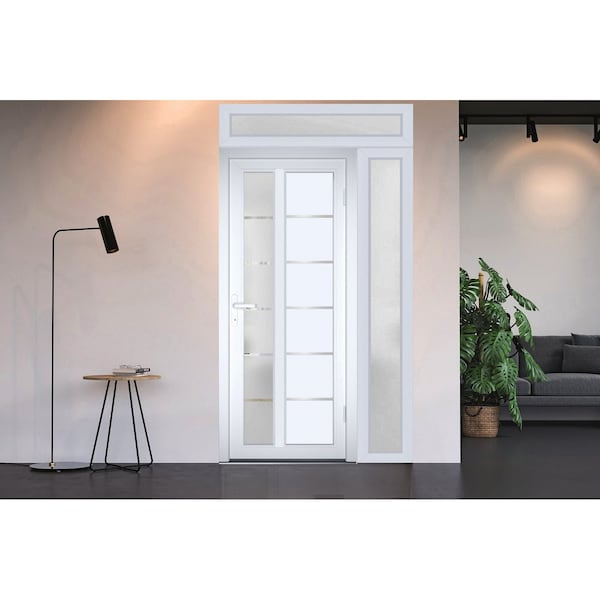 Vdomdoors Front Exterior Prehung FiberGlass Door Frosted Glass / Manux 8088 White Silk / Sidelight and Transo MANUX8088EXD-WS-W36+12 x H80+14-LH - main
