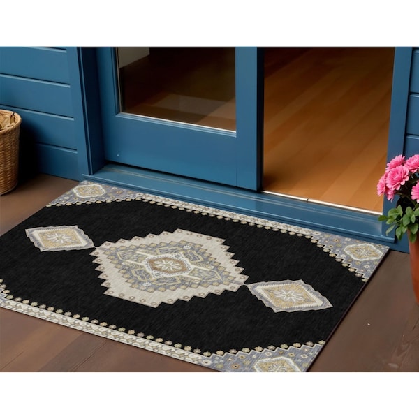 Homeroots 3' X 5' Black Gold And Gray Oriental Washable Indoor Outdoor Area Rug 598382 - main