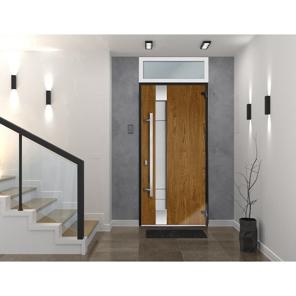 Vdomdoors Steel Door Deux 1713 Natural Oak Transom White Window Stainless Inserts Single Modern Painted-W36xH DEUX1713EXD-OAKW-W36 x H80+16-Left-hand Inswing - main