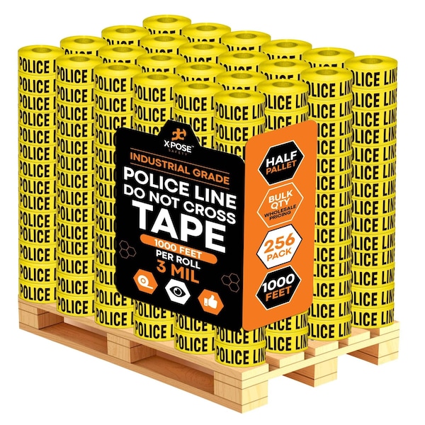 Xpose Safety Police Line Do Not Cross Tape Roll, 3 Mil, 3 Inch Wide x 1000 Feet, Yellow w/Black Letters, 256PK PPLT-3M-HP256-X - main