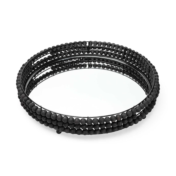 Homeroots 21in Matte Black Wood With Bead Mirrored Glass Bottom Round Tray 376030 - main