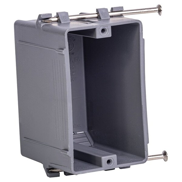 Gardner Bender SwitchOutlet Box, Standard Outlet, 1Gang, 4Knockout, PVC, Gray, InWall, Nail Mounting BOX-NS18 - main
