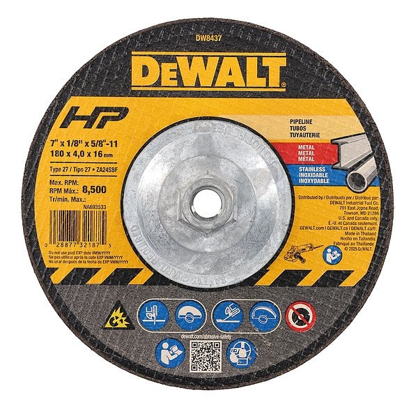 Dewalt Cut-Off & Grinding Wheel, Type 27, 7 in Dia, 0.125 in Thick, 5/8"-11 Arbor Hole Size, 24 Grit DW8437 - main