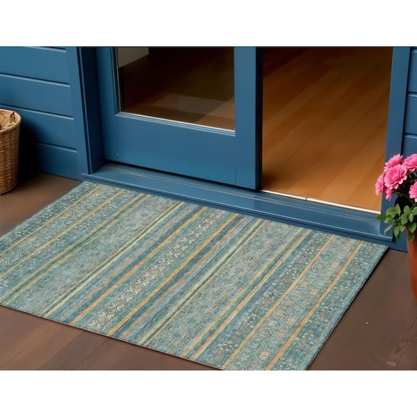 Homeroots 3' X 5' Teal Blue Gold And Taupe Southwestern Washable Indoor Outdoor Area Rug 615980 - main