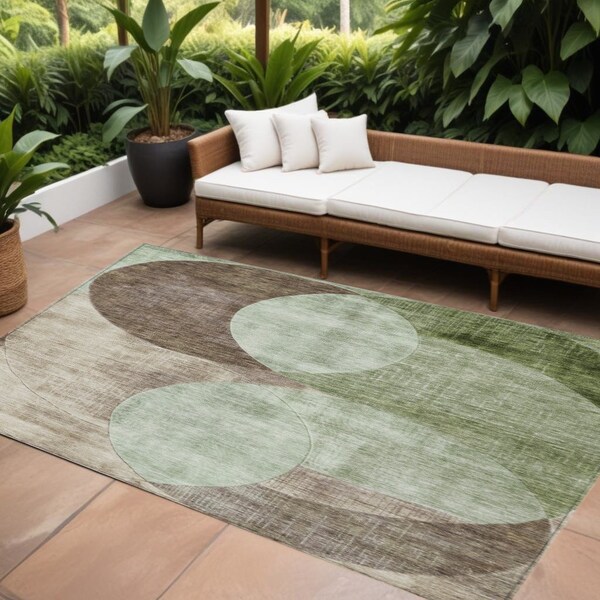 Homeroots 8' X 10' Artichoke Green Brown And Beige Geometric Washable Indoor Outdoor Area Rug 604902 - main