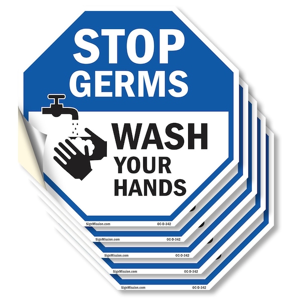 Signmission Stop Germs Wash Your Hands, 6 inch X 6 inch, Vinyl Decal, 5PK OC-D-5PACK-6-342 - main