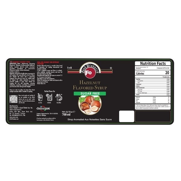 Fo Sugar Free Hazelnut Flavored Syrup, 700 mL, 6PK 8.69112E+12 - main