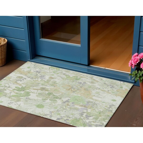 Homeroots 3' X 5' Artichoke Green Lavender And Beige Floral Washable Indoor Outdoor Area Rug 611180 - main