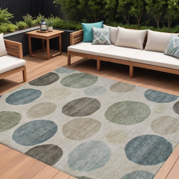 Homeroots 9' X 12' Khaki Fern Green And Teal Blue Geometric Washable Indoor Outdoor Area Rug 630583 - main