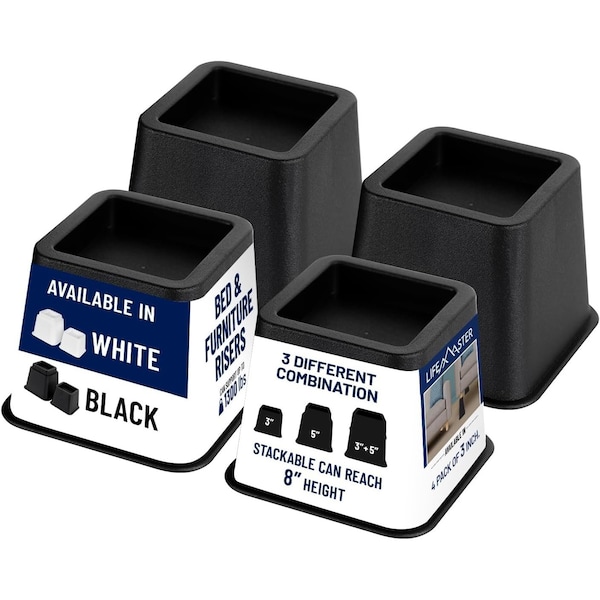 Lifemaster Bed Risers, 3-inch, Heavy Duty, Sofa Couch, 1300lbs Support, Under Bed Storage, 4PK LMBEDBLK4 - main