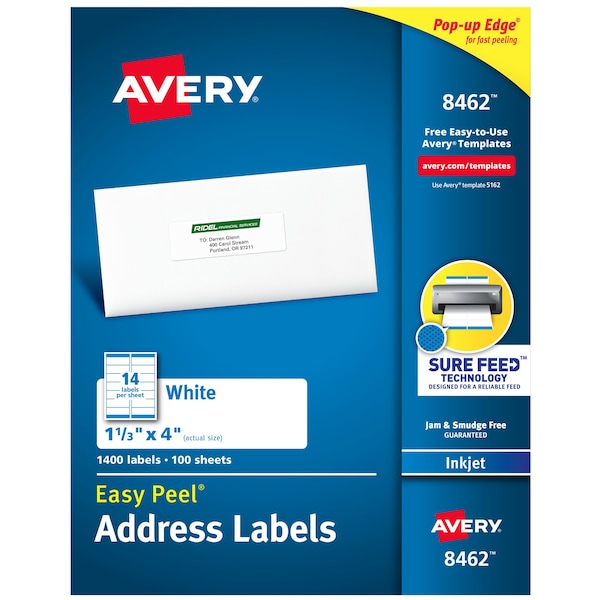 Avery Inkjet Label, 4 in Label W, 1 1/3 in Label H, 14 Labels per Sheet White 727828462 - main