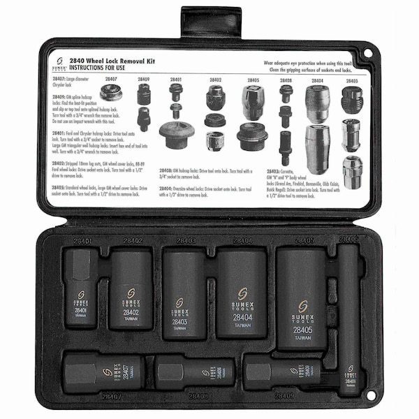 Sunex 1/2 in Drive Hub Cap and Wheel Lock Removal 9-Piece Impact Socket Set 2840 - main