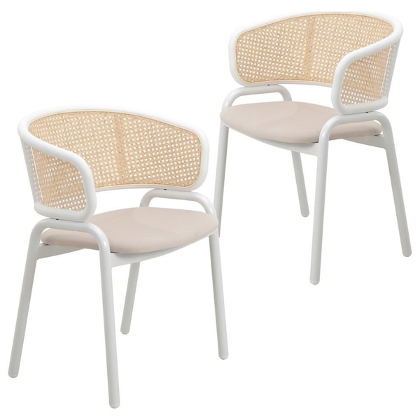 Leisuremod Ervilla Dining Chair with White Powder Coated Steel Legs and Wicker Back, Beige, 2PK ECW-20BG2 - main