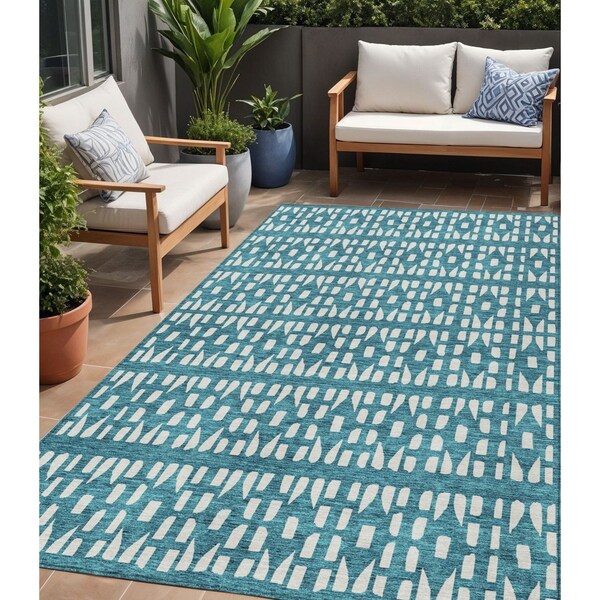 Homeroots 5' X 8' Teal Blue And Ivory Geometric Washable Indoor Outdoor Area Rug 613808 - main