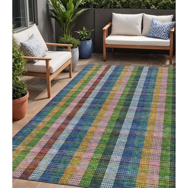 Homeroots 5' X 8' Navy Blue Pink And Sage Plaid Washable Indoor Outdoor Area Rug 613976 - main