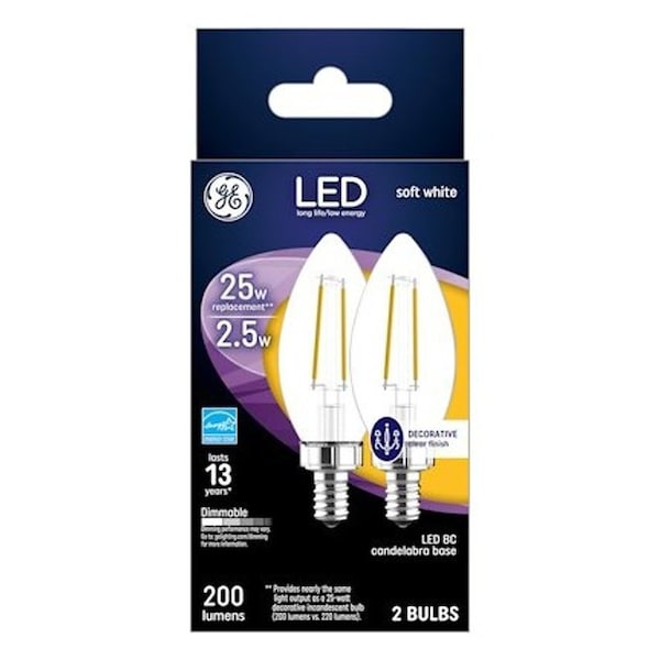 Ge LED Bulb, Decorative, BC Lamp, 25 W Equivalent, E12 Lamp Base, Dimmable, Soft White, PK2 22560 - main