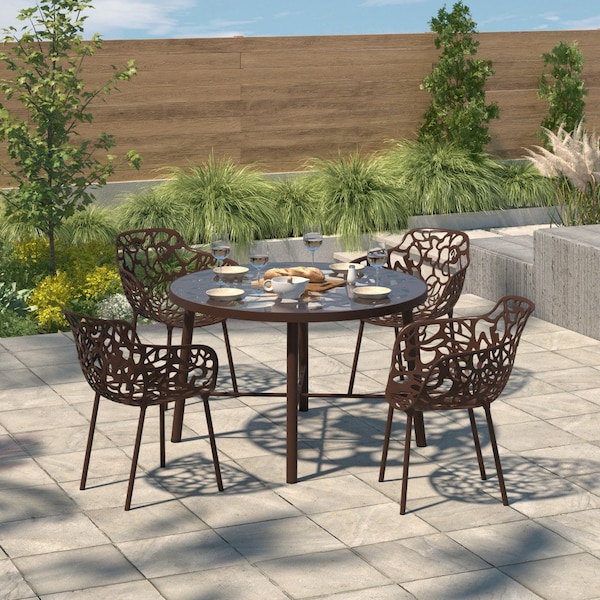 Leisuremod Devon Tree Design Glass Top Aluminum Base Indoor Outdoor Dining Table, Brown DT48BR - main