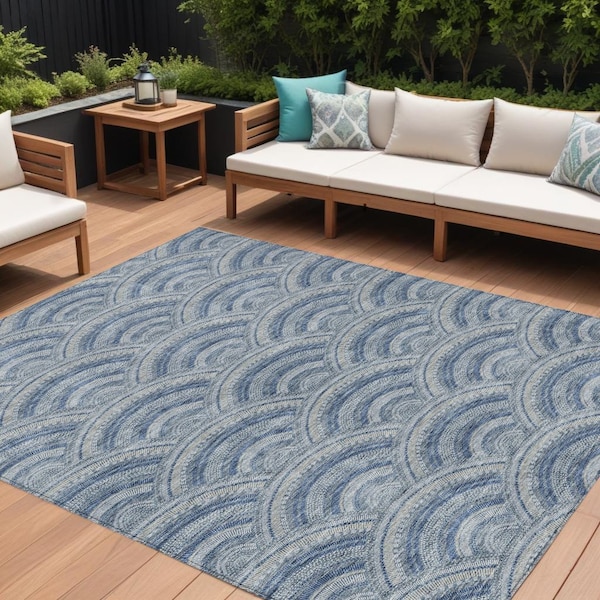 Homeroots 8' X 10' Denim Blue Navy Blue And Ivory Geometric Washable Indoor Outdoor Area Rug 615197 - main