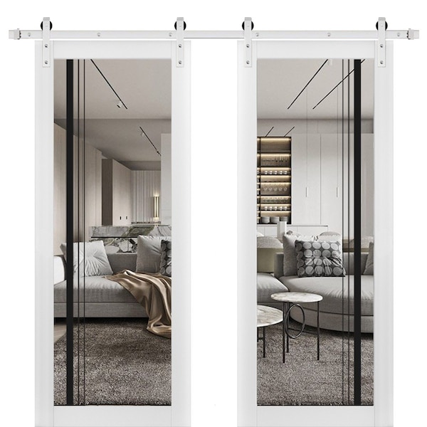 Sartodoors Sturdy Double Barn Door with Clear Glass, Lucia 2566 White Silk and Aluminum Strips, 13FT Rail Han LUCIA2566DB-S-WS-36 x 96 - main