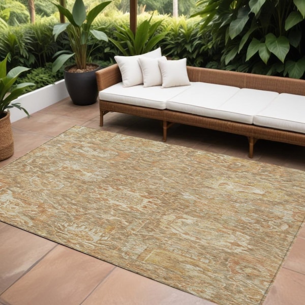 Homeroots 10' X 14' Khaki And Brown Damask Washable Indoor Outdoor Area Rug 603742 - main