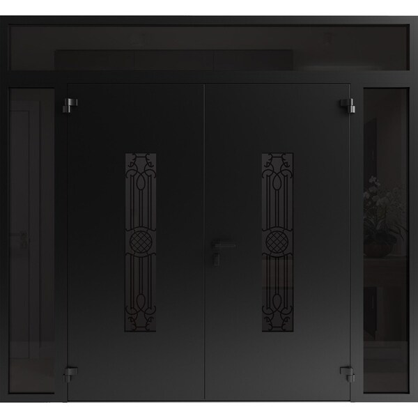 Vdomdoors Front Exterior Prehung Aluminum Double Doors Ronex1477 Black Enamel 2 Sidelights and Top Transom RONEX1477DEXD-BLK-W14+72+14xH96+12-LH-I - main