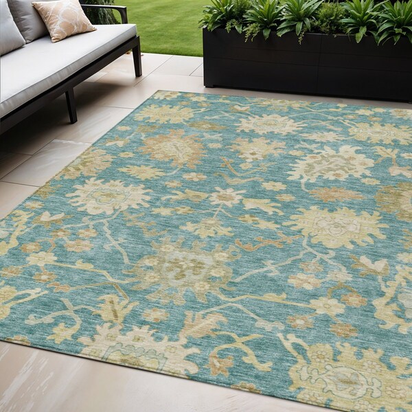 Homeroots 5' X 8' Teal Blue Ivory And Green Floral Washable Indoor Outdoor Area Rug 605224 - main