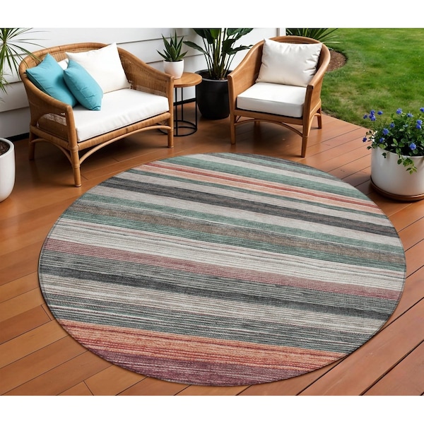 Homeroots 8' Pale Aqua Copper And Taupe Round Striped Washable Indoor Outdoor Area Rug 618264 - main