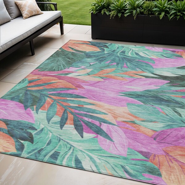 Homeroots 5' X 8' Teal Blue And Aqua Floral Washable Indoor Outdoor Area Rug 611133 - main